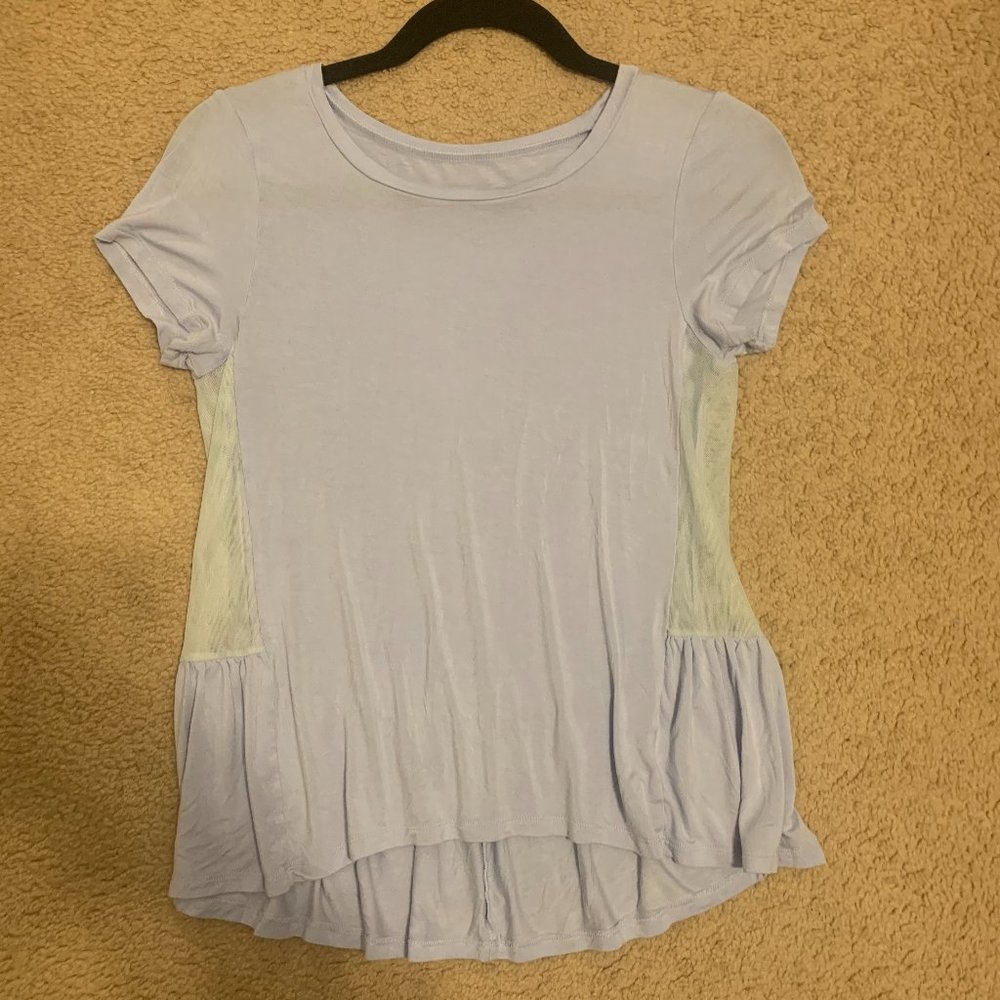 Cute, Soft, Baby Blue Peplum Top with Mesh Detail